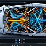 **

AI-powered generative design in mechanical engineering software. Multiple design options displayed on a screen, highlighting optimization of a car part design. Focus on futuristic interface and algorithmic creativity.

**