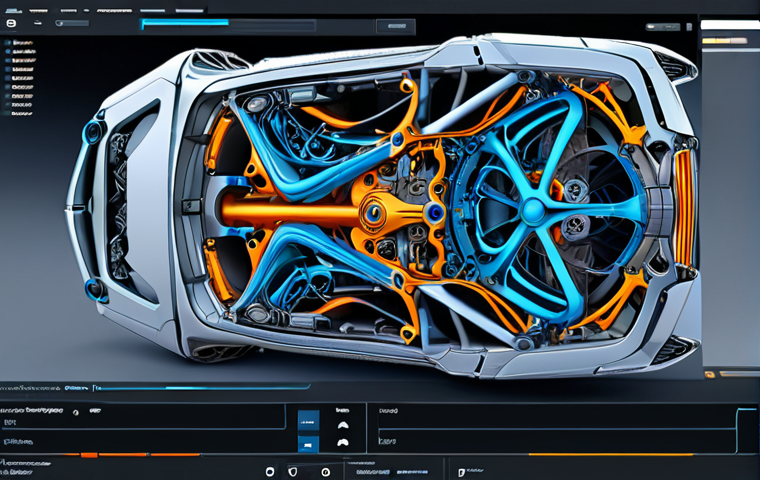 **
AI-powered generative design in mechanical engineering software. Multiple design options displayed on a screen, highlighting optimization of a car part design. Focus on futuristic interface and algorithmic creativity.
**